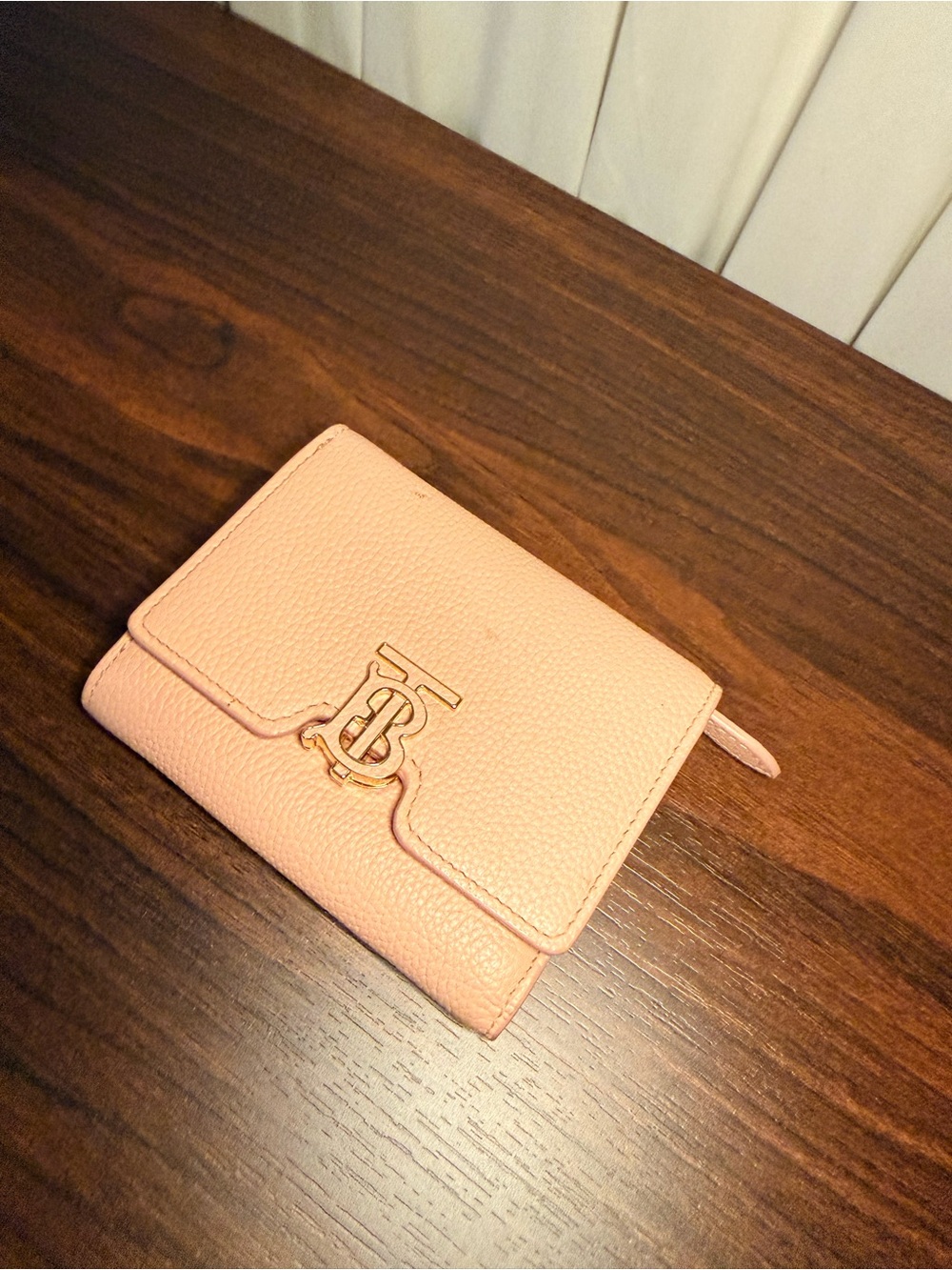 Burberry Pale Pink Pebbled Leather Compact Wallet with Gold TB Logo